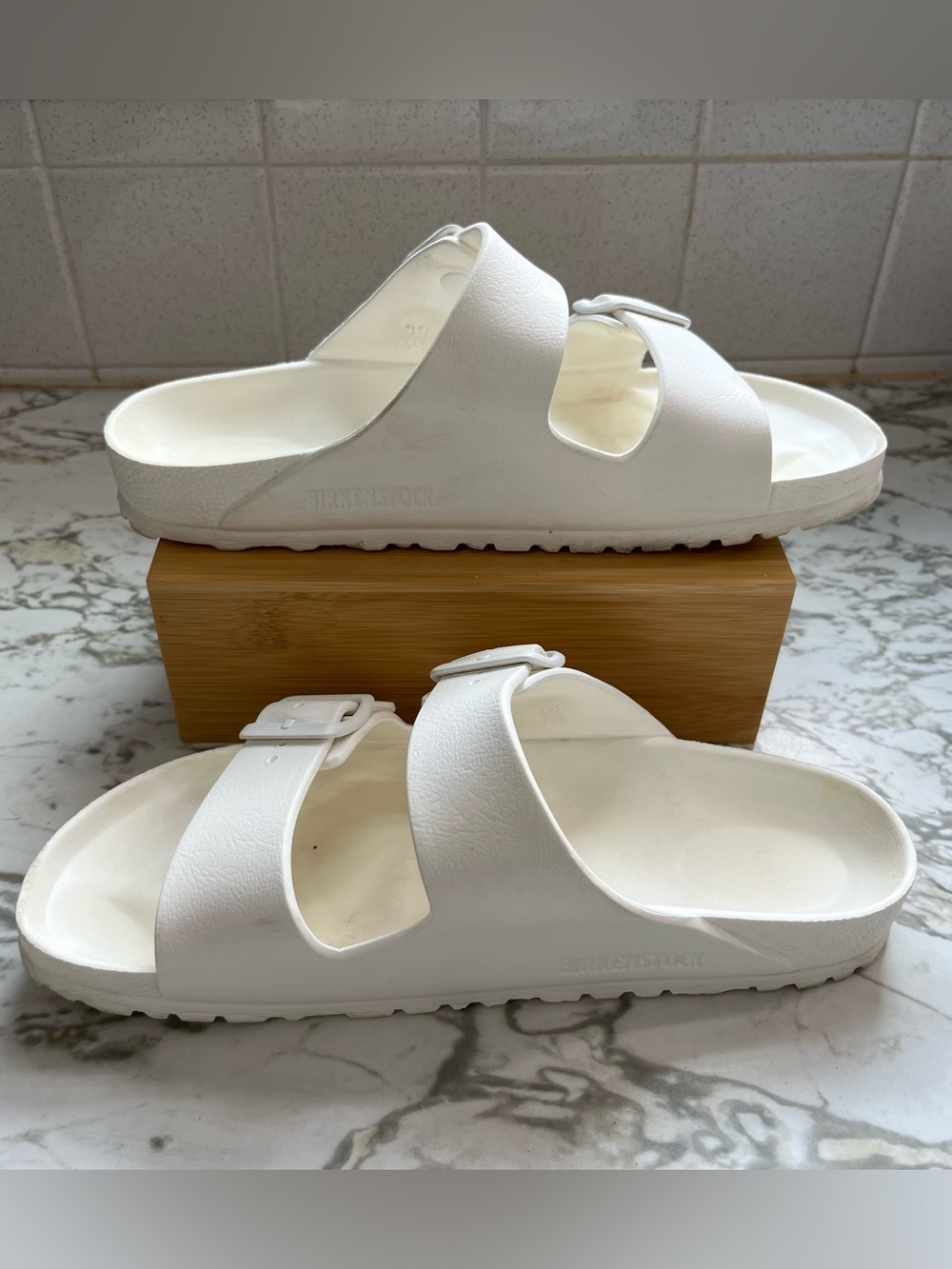 Birkenstock Arizona EVA White Two-Band Slide Sandals with Buckles